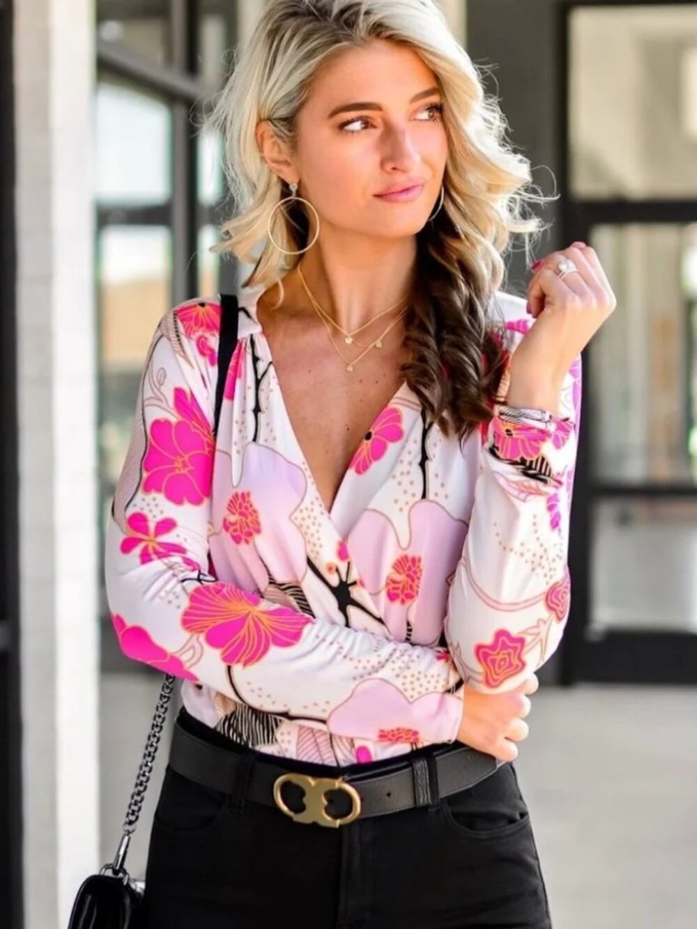 Express Pink Floral Long Sleeve Surplice Thong Bodysuit ** Size S